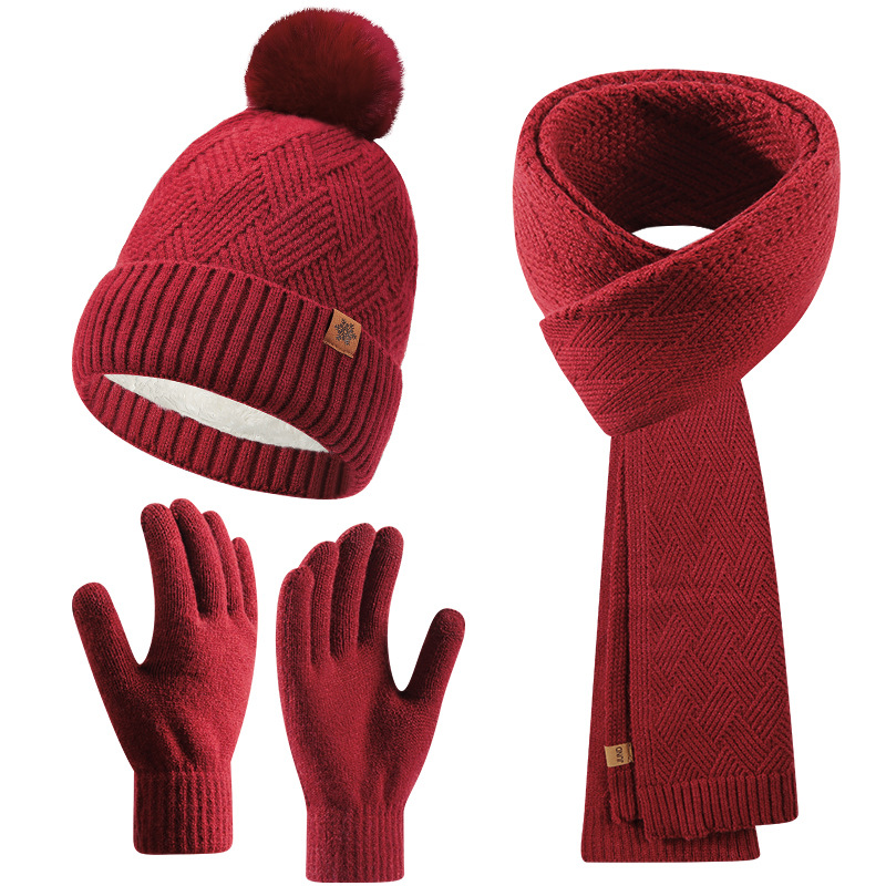 Knitted Hat Women Winter Double-Layer Fleece-Lined Thick Warm Wool Hat Scarf Gloves Three-Piece Set