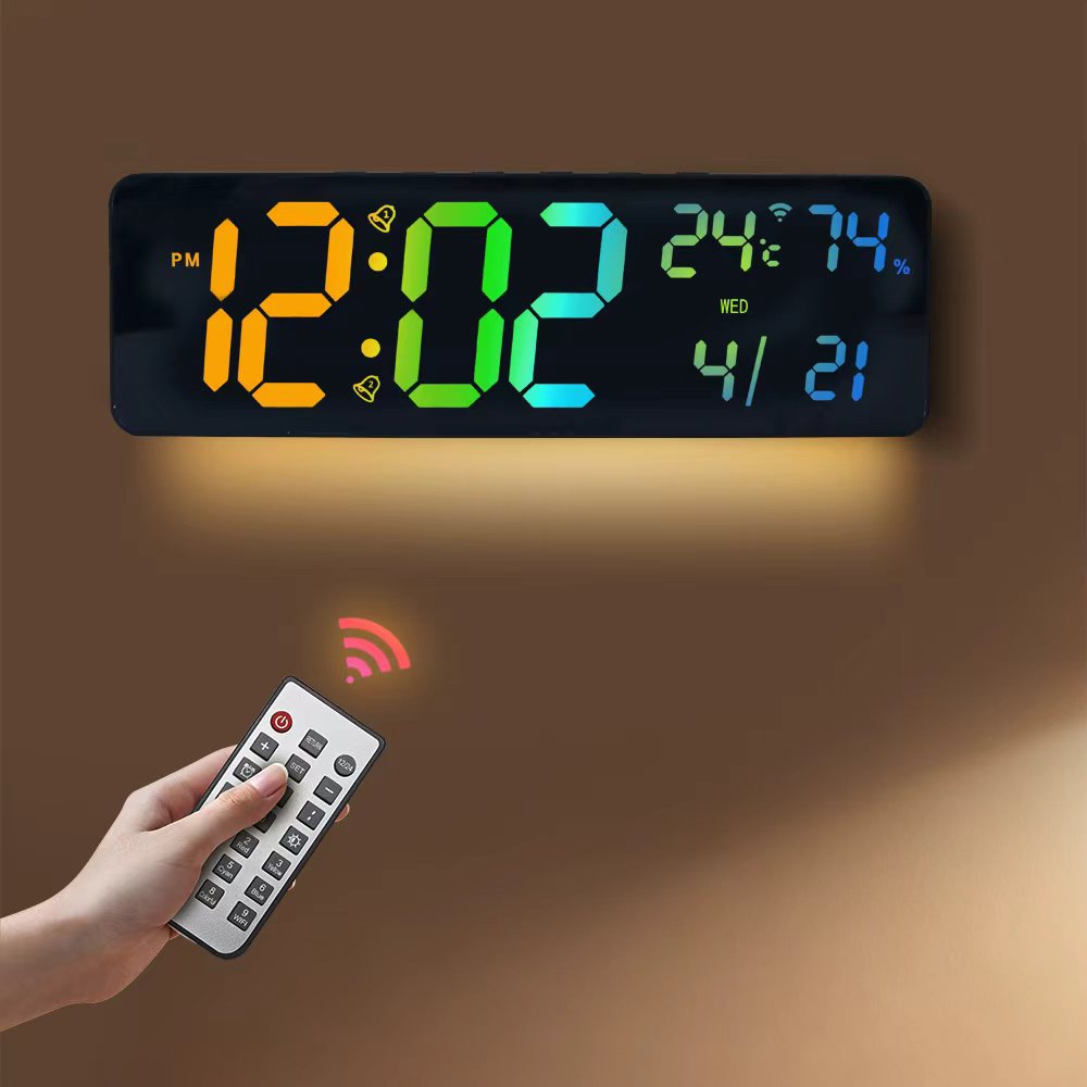 Bluetooth automatic time-setting ambiance alarm clock, RGB perpetual calendar, living room wall clock, smart temperature and humidity, colorful remote control clock