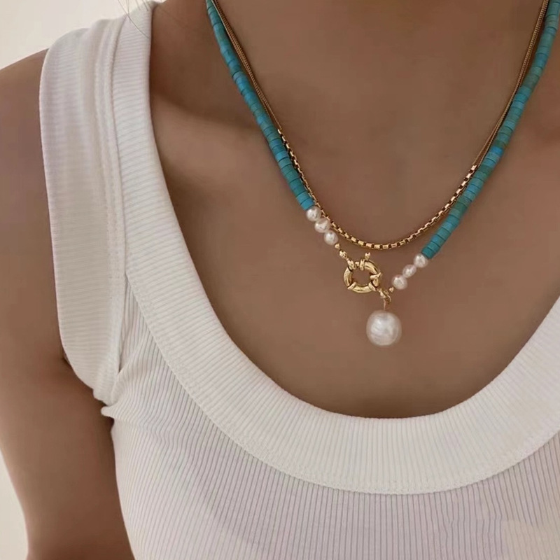 Freshwater pearl handmade beaded stunning baroque simple turquoise necklace锁骨链
