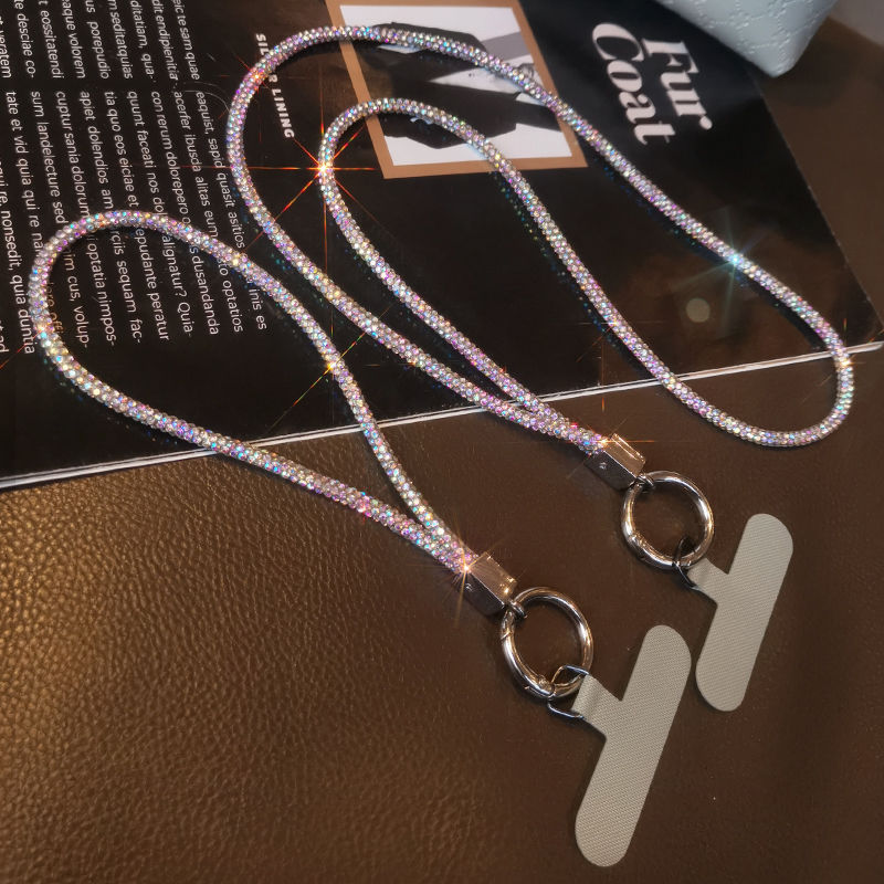 Phone strap long neck short wrist rhinestone women's luxury full diamond hanging chain clip type anti-loss