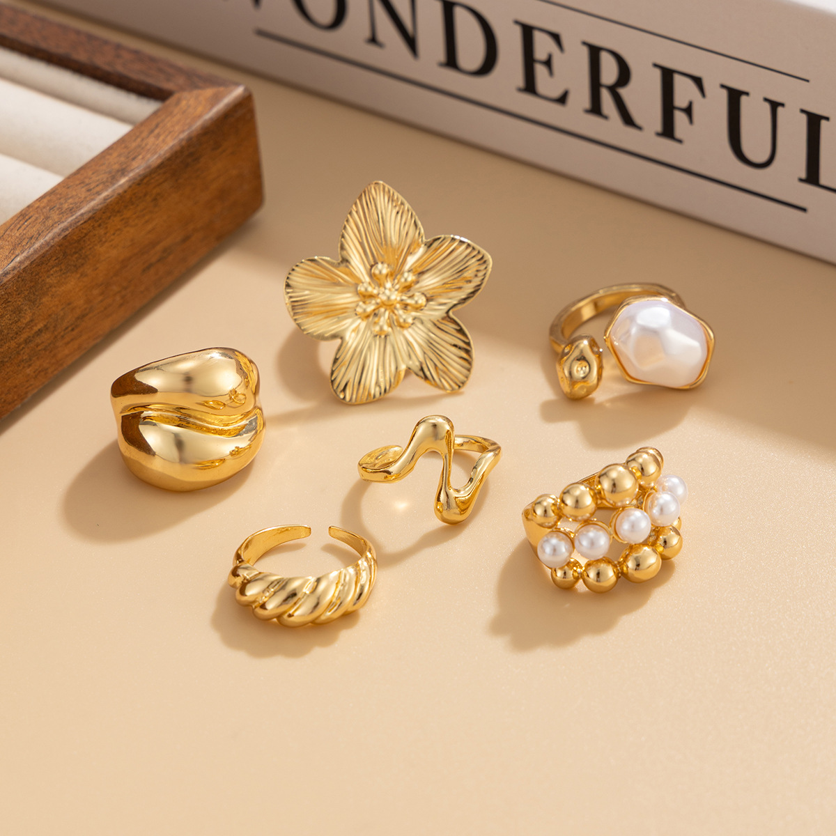 Jewelry vacation style starfish scallop open ring alloy flower ring set smooth surface