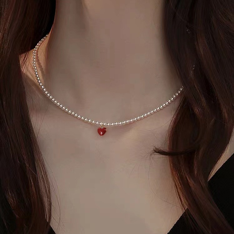 3mm high-luster round cubic zirconia imitation pearl necklace for women, alloy, wine red heart-shaped pendant, sweater chain, 2024 new