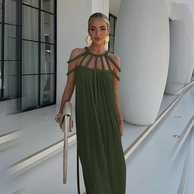 2024 New Spring Women Long Dress Tie Strap Off Shoulder Sexy Halter Loose Vacation Beach Dress