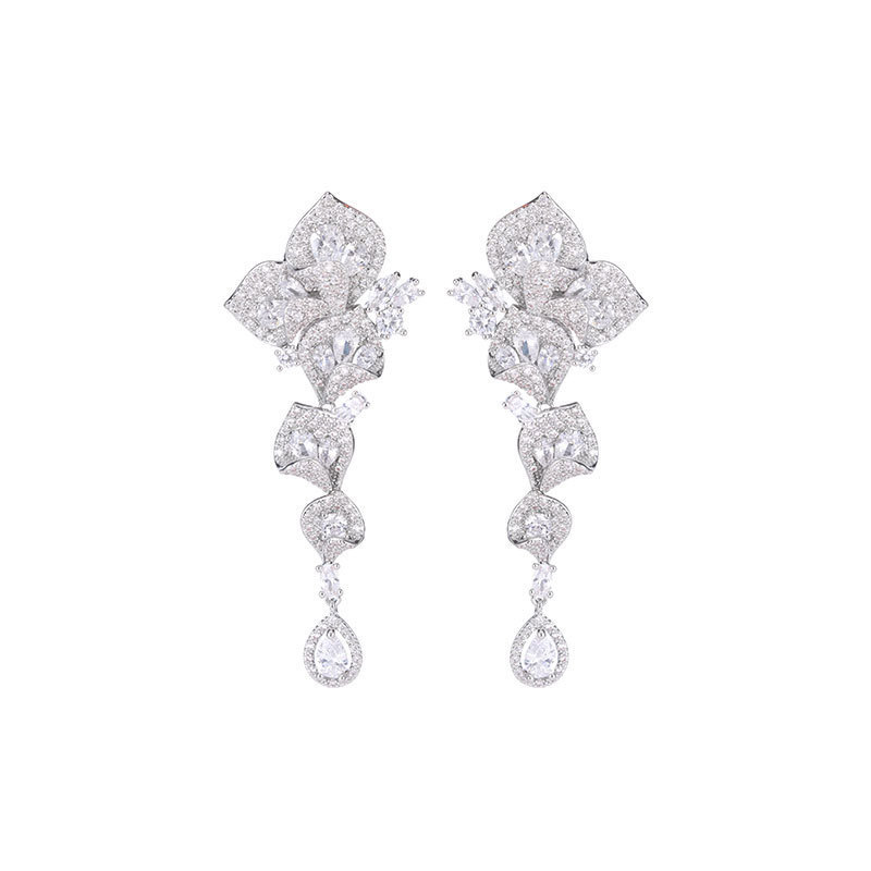 Heavy Craft Earrings Dress Matching Petal Long Elegant Flower Zircon Earrings