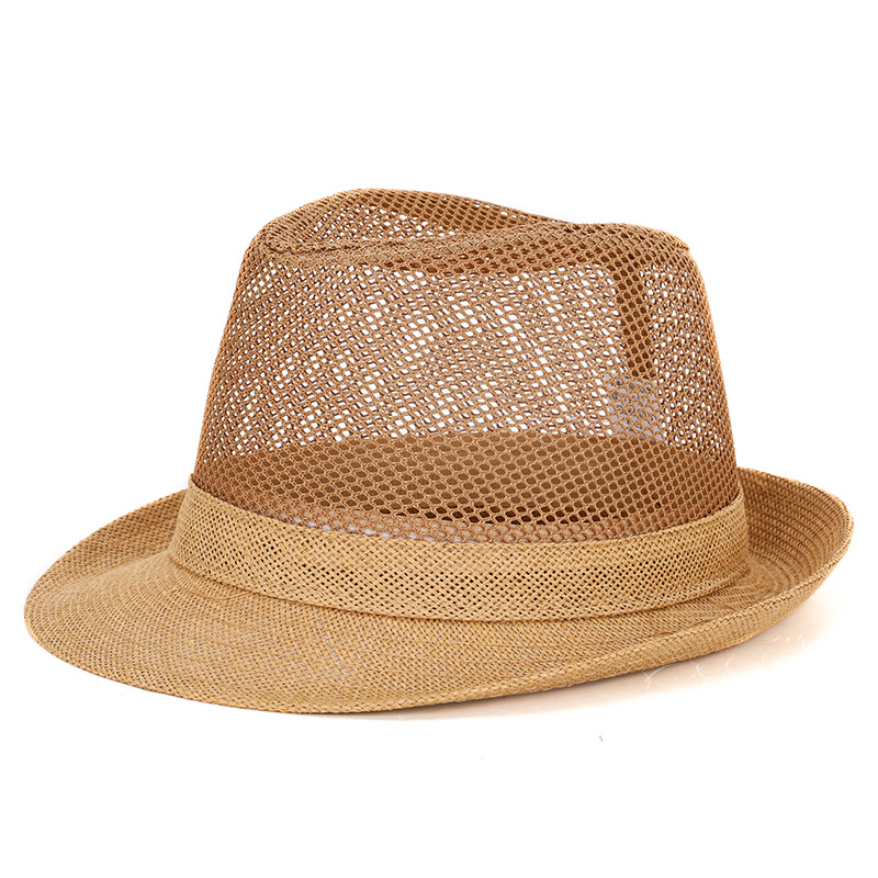 Hat Summer Men's Small Fedora Straw Brim Polyester Mesh Breathable Hollow Sun Protection Rolled Brim Sun Hat