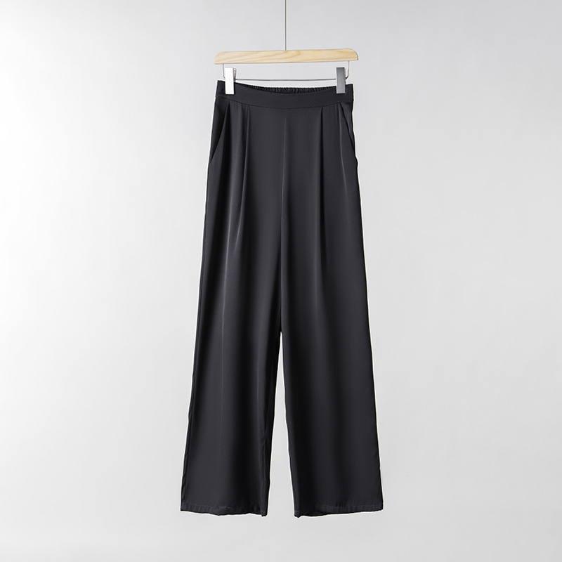 New Spring Silk Casual Pants for Women Tall Straight Leg Trousers Mulberry Silk Loose Commute Black Pants