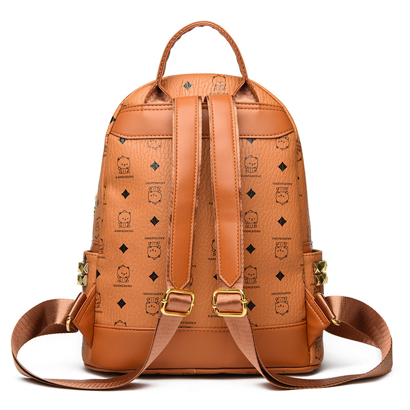 Brand M bear rivet double-shoulder bag fan print diamond quilted double-shoulder women's bag with pendant high-quality leather schoolbag