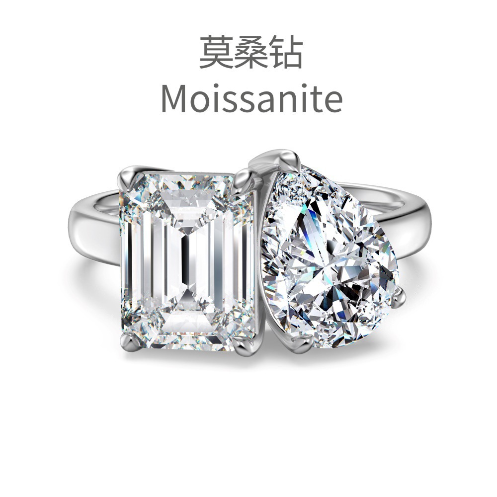 Moissanite S925 sterling silver ring earrings necklace for women, twin teardrop sugar cube D color exquisite flash women's three-piece set