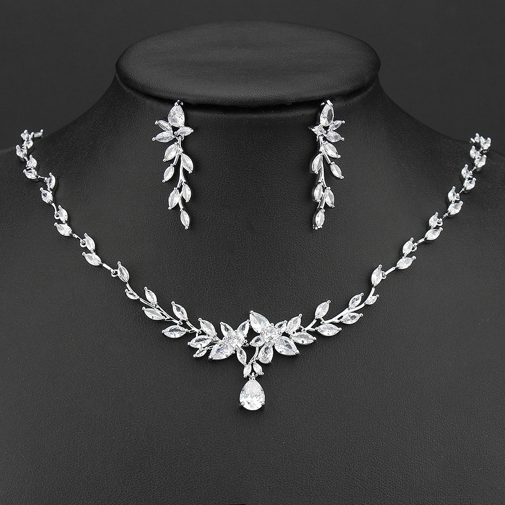 Leaf copper zircon necklace earring jewelry two-piece set bridal accessory gift women