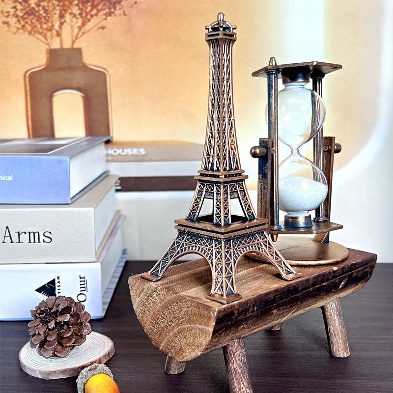 1047 Iron Tower Hourglass Ornament Simple Modern Home Study Wooden Base Hourglass Ornament