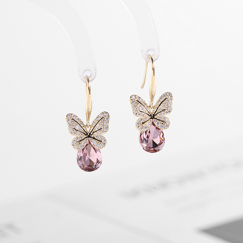 Zircon-Inlaid Blue Crystal Butterfly Ear Hooks Earrings Commute Niche Earrings