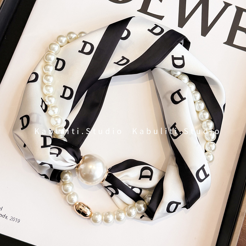 Magnetic buckle pearl necklace narrow small long strip silk scarf women neck protection matching shirt neck scarf gauze scarf thin scarf