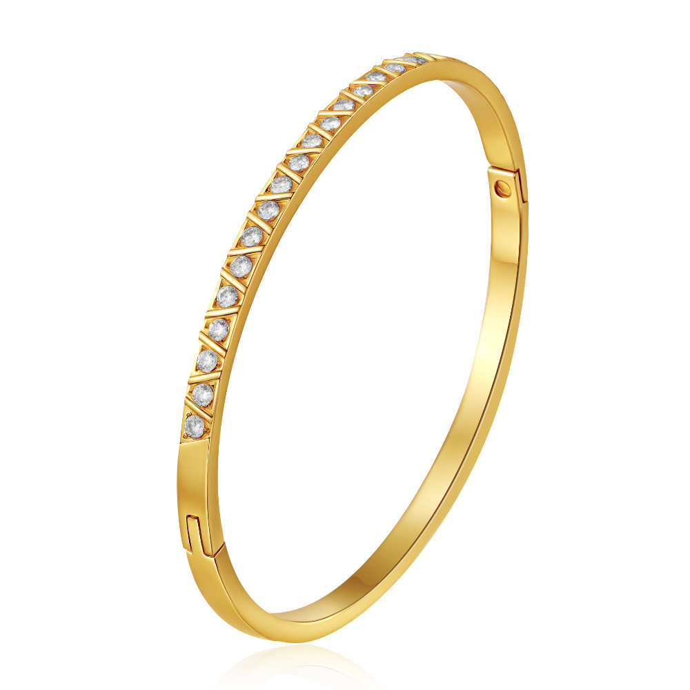 Round stainless steel snap bracelet, PVD 18K electroplated with rhinestones, for women, titanium steel bracelet ear accessories