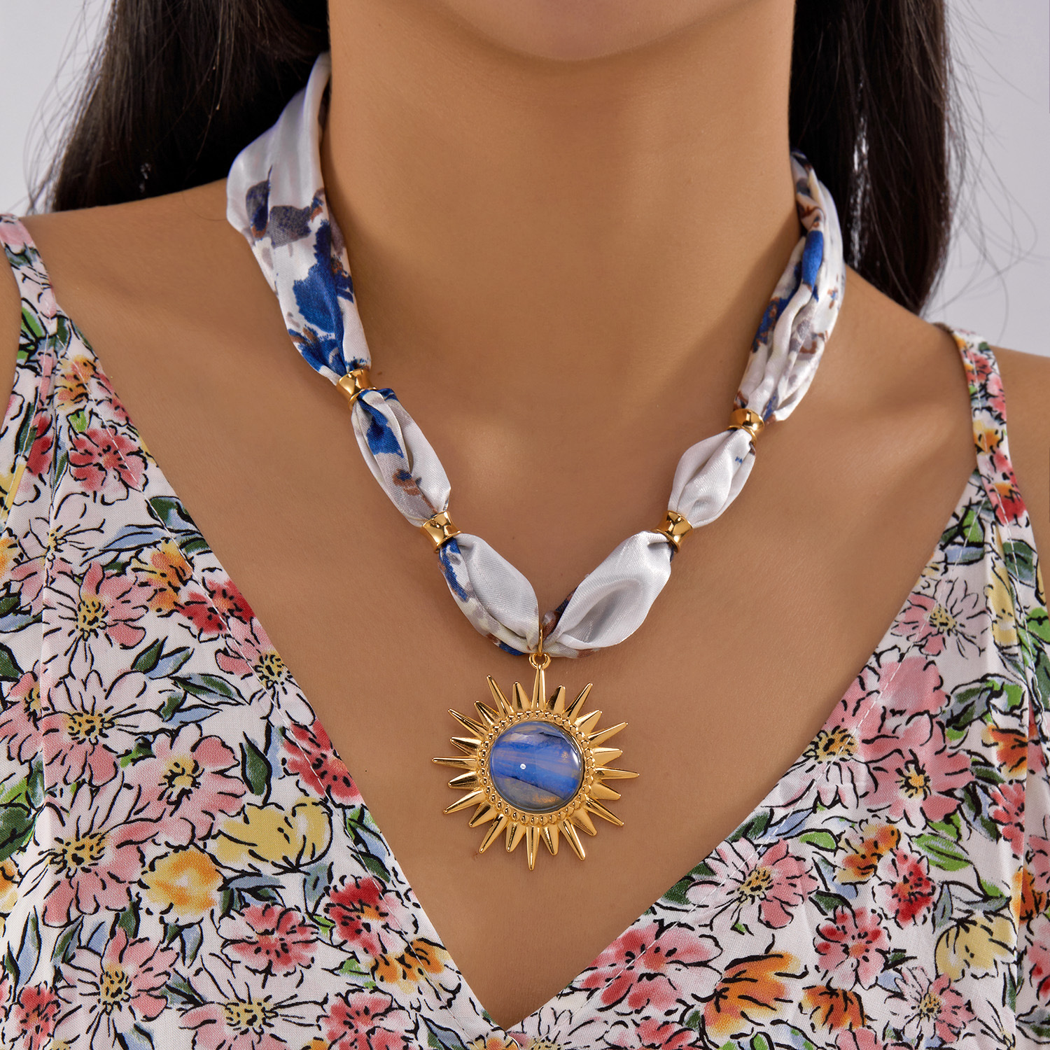Flower Stainless Steel Pendant Ribbon Necklace Women Ocean Style Niche Stainless Steel Chain