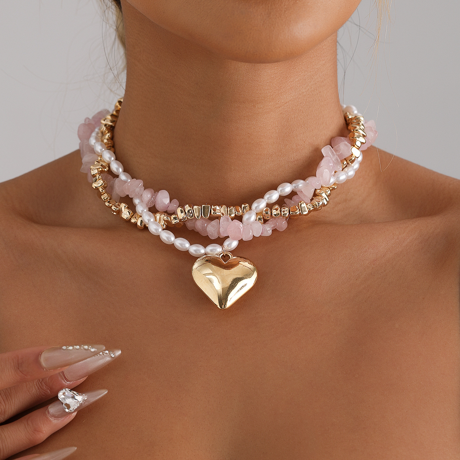 Accessories Berry Pink Natural Stone Baroque Pearl Choker Love Multi-layer Necklace for Women