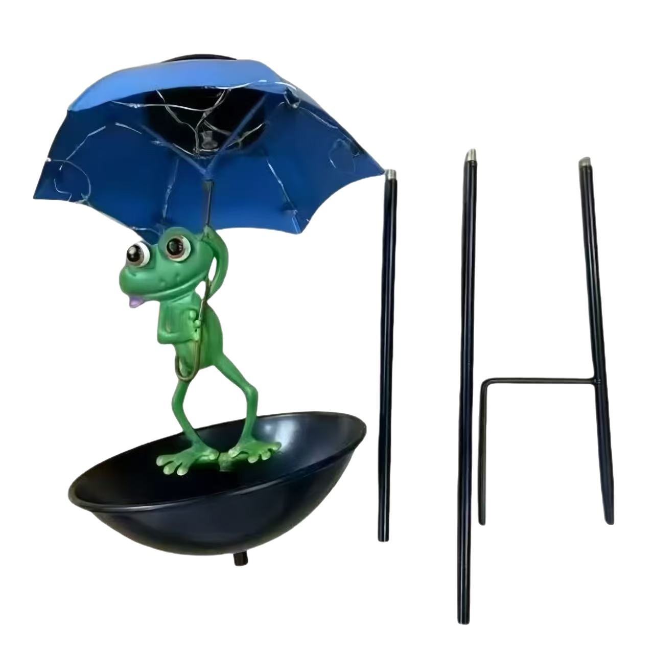 New Frog Holding Umbrella Bird Feeder Solar Light Iron Art Pastoral Scenery Animal Outdoor Garden Decoration