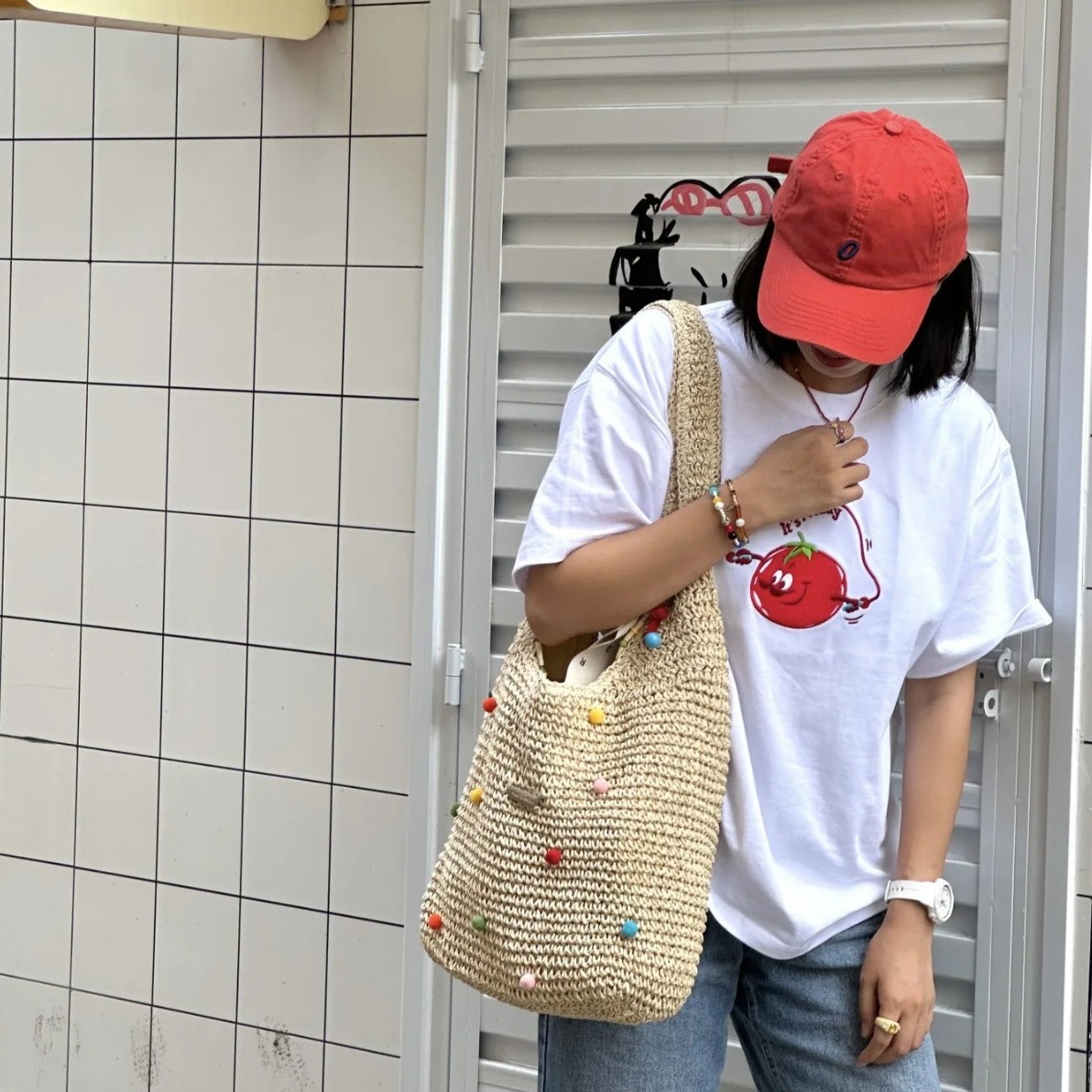 Seaside commuting single-shoulder tote bag vacation woven bag women's summer color dot hollow underarm bag large capacity