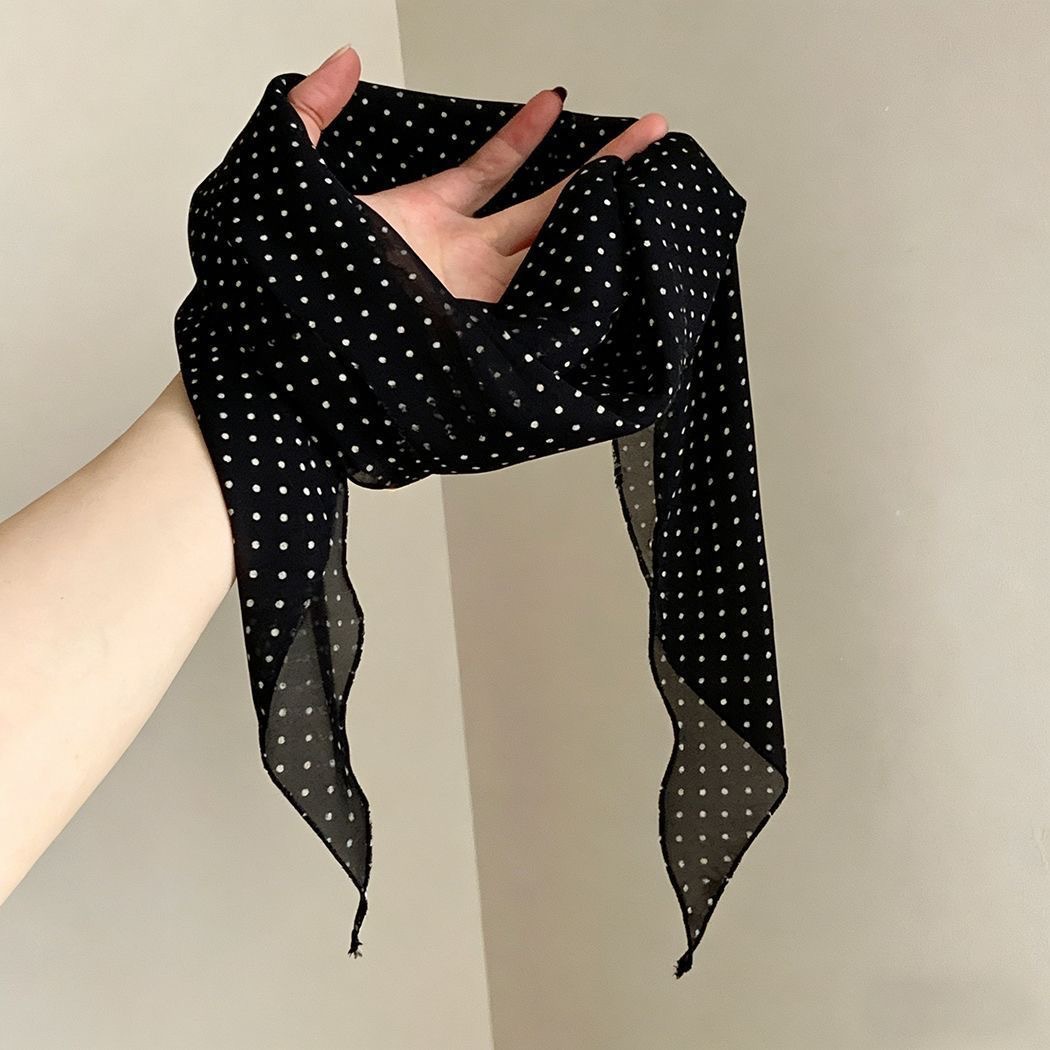 Gentle pink polka dot silk scarf for women minimalist eye-catching thin necktie neck accessory floating hair tie