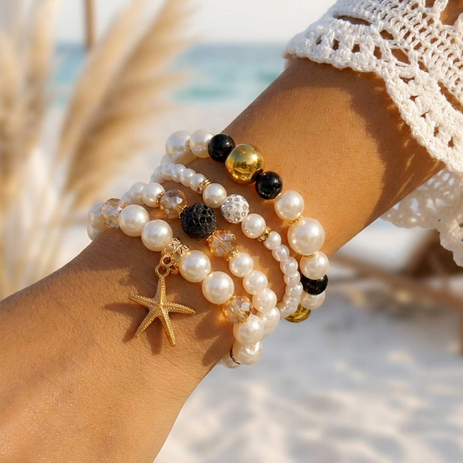 Bohemian Shell Set Bracelet Pendant Niche Women Seed Bead Multi-layer Elastic Bracelet