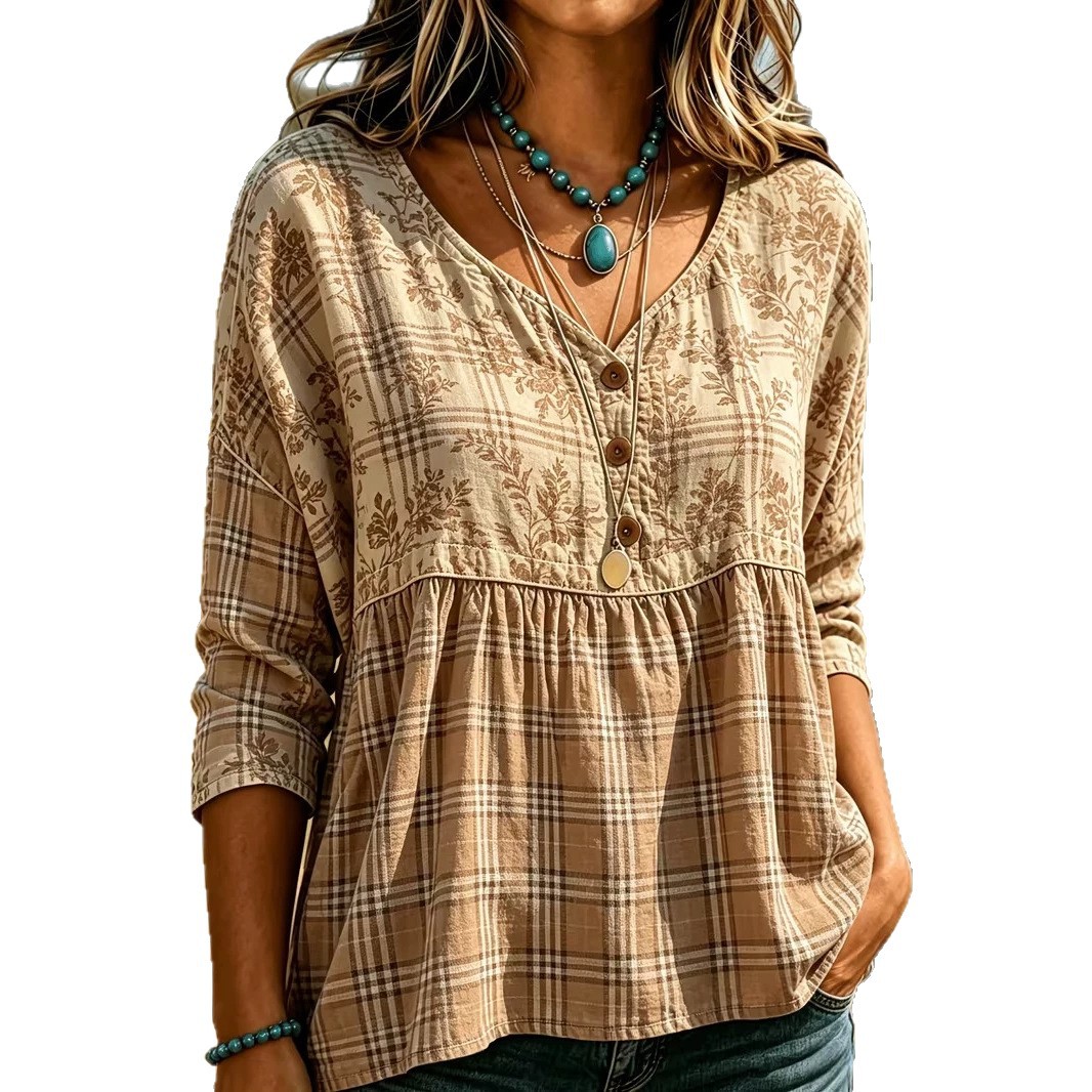 2026 Independent Station Summer Women's Button Ethnic Floral Print Three-Quarter Sleeve Shirt