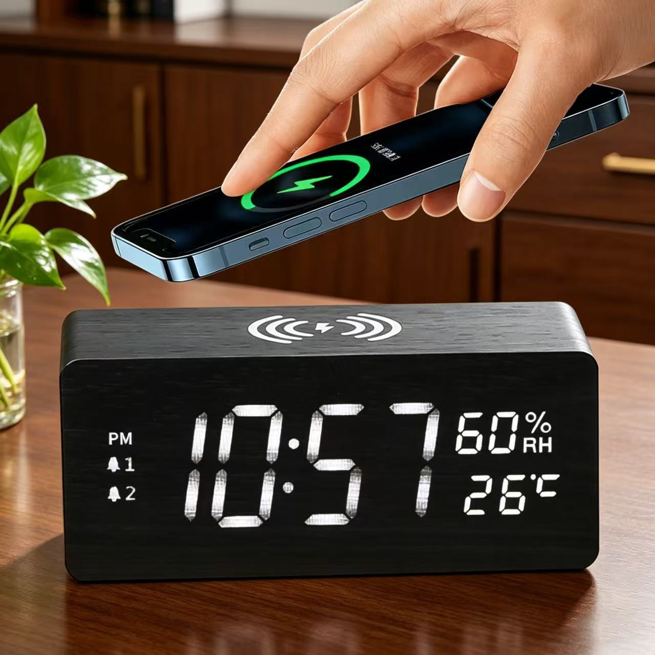 Perpetual Calendar Atmosphere Clock 15W Fast Charging Wooden Temperature and Humidity Wireless Charging Snooze Night Light Clock Multifunctional Electronic Clock