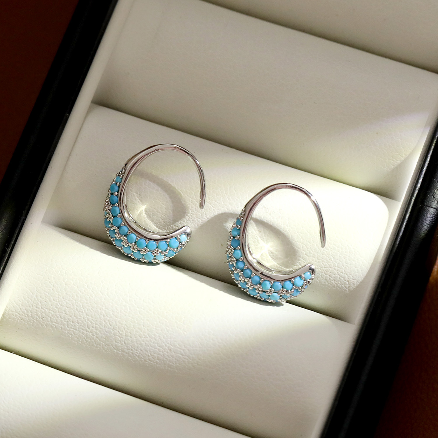 Chinese Design Flower Basket Turquoise Earrings Women Full Diamond Inlaid Ear Studs C-Type Ear Buckle Earrings