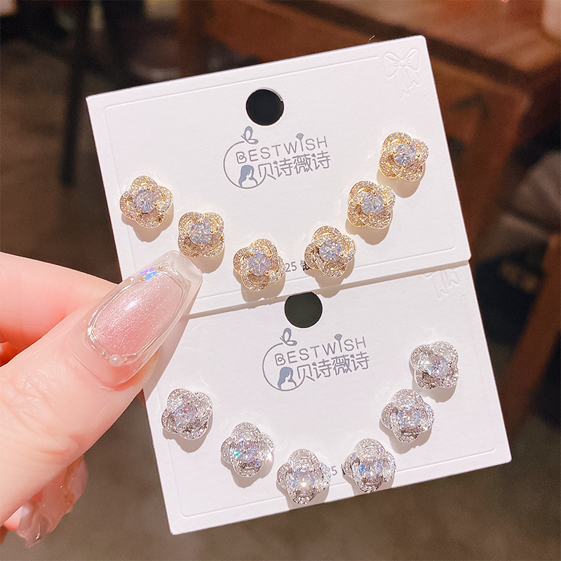 26th batch #1 copper gold-plated solid quality zircon three pairs of earrings, silver needle one card six-piece set