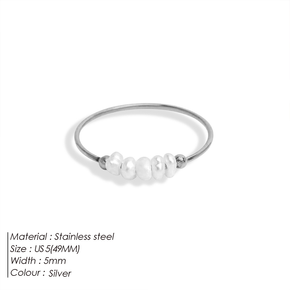 eManco Simple Natural Baroque Pearl Ring Minimalist Ring for Women Titanium Steel Jewelry