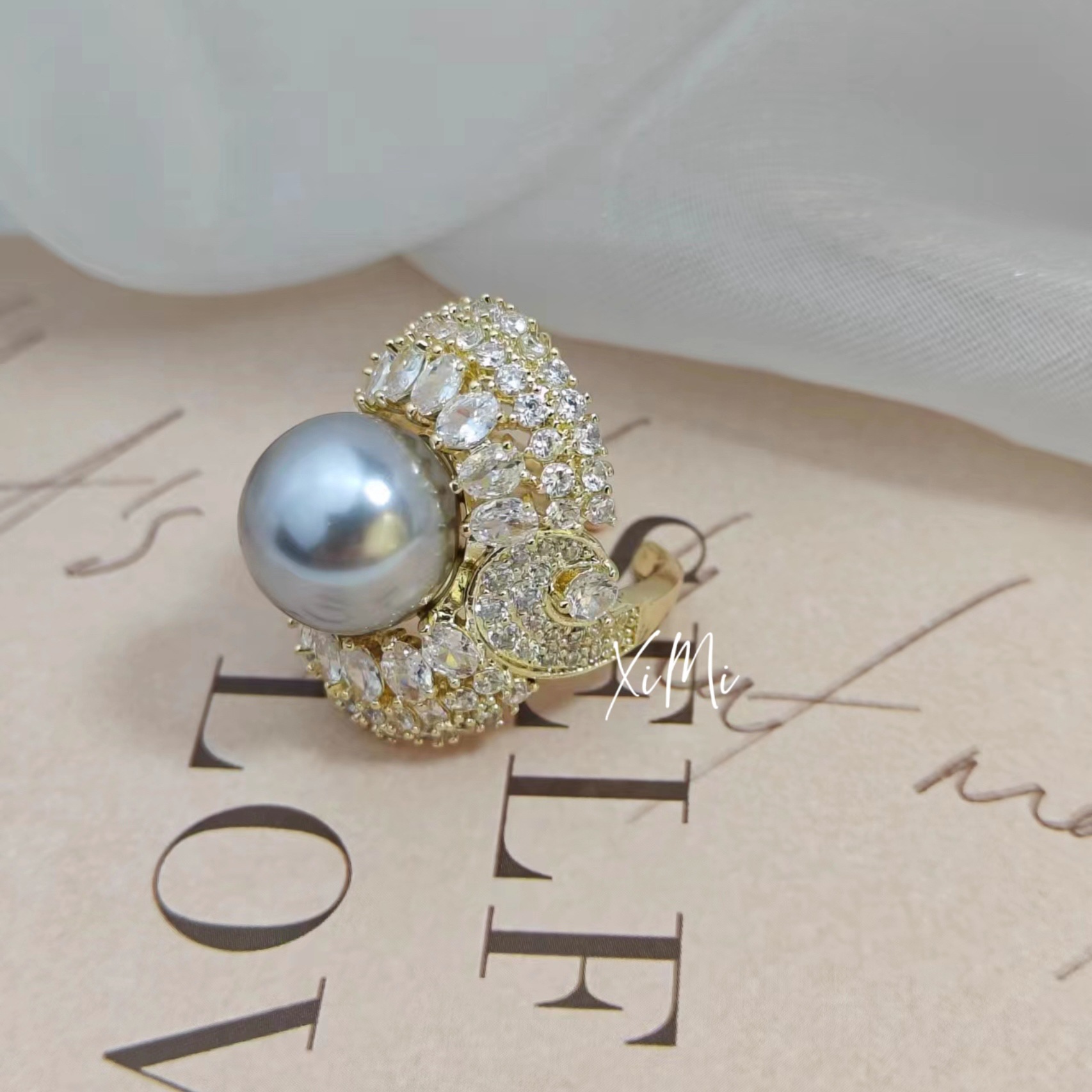 Women's Pearl Wrapped Open Ring Micro-Set Delicate Adjustable Ring