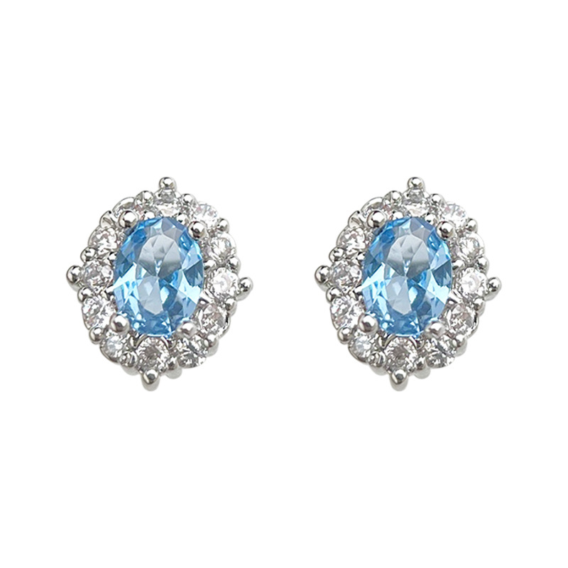 Aquamarine zircon silver-plated needle small and simple commuting style earrings