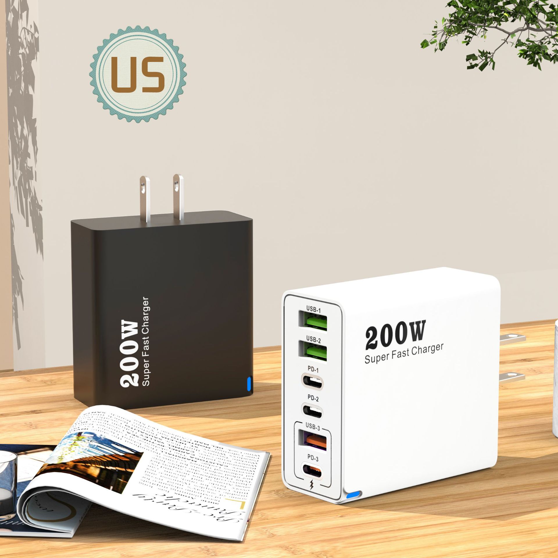 New 200W Multi-Port Charger 3USB+3PD 6-in-1 for Mobile Phones, Australian/Indian/UK Standard Fast Charging Head 5V
