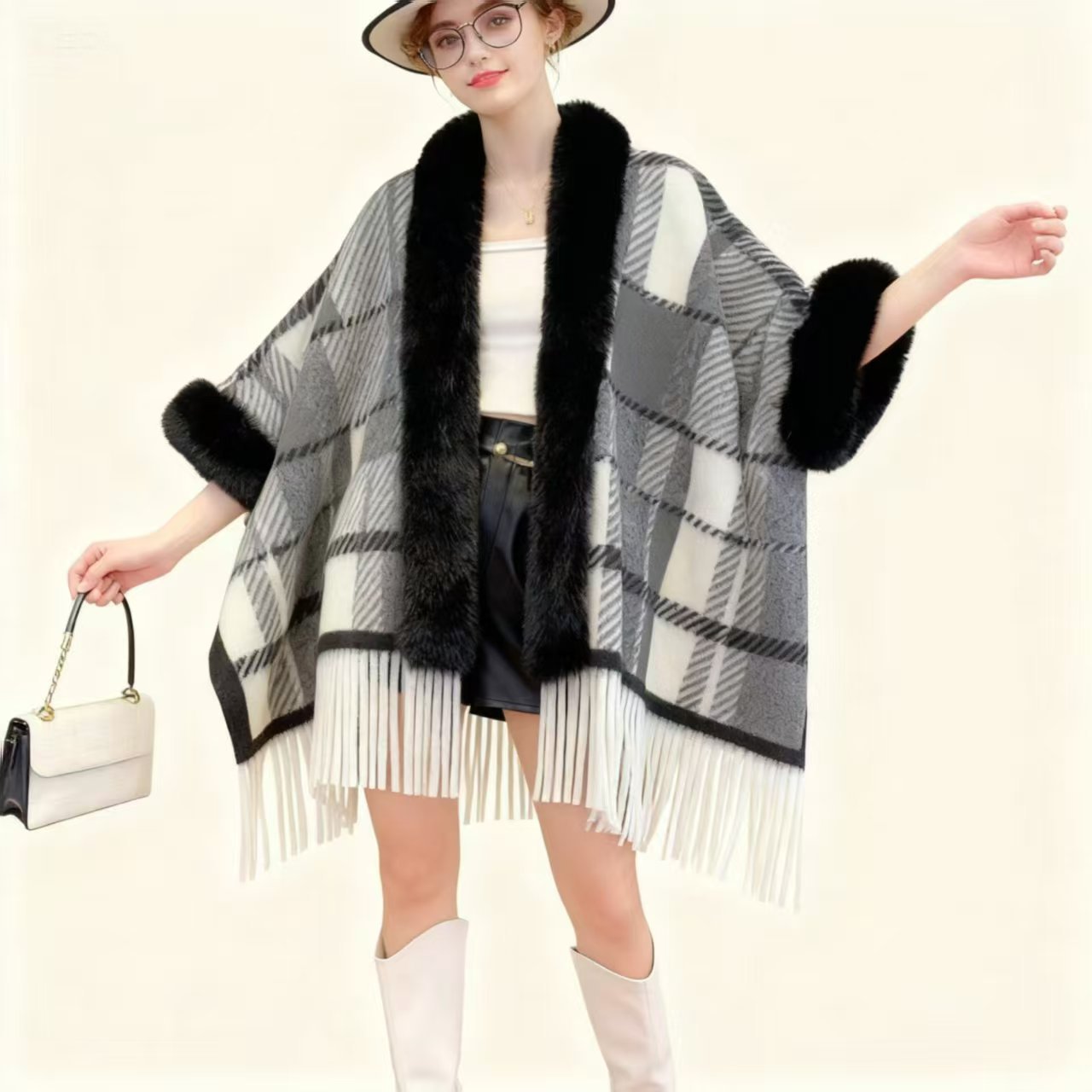 Available for Autumn and Winter Women's Casual Poncho Cape Plaid Fringe Coat Elegant Party