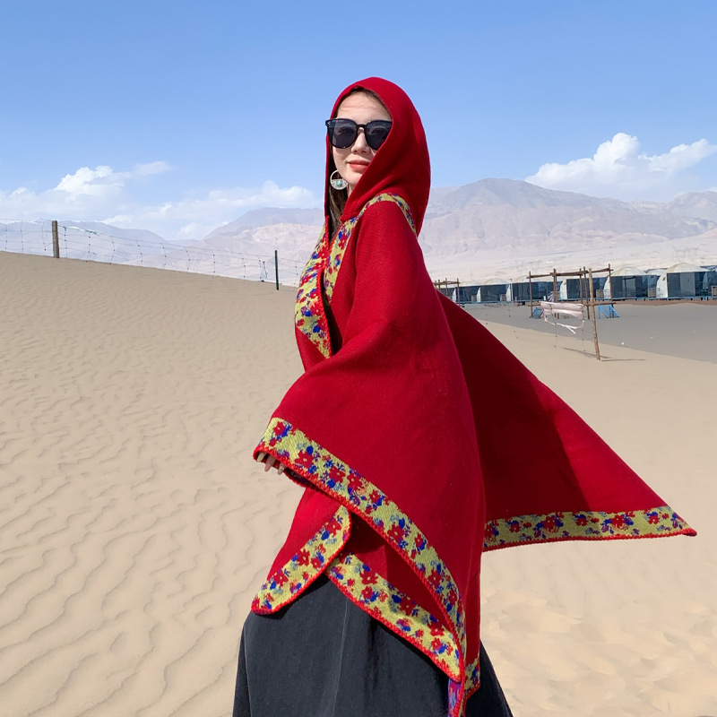 Xinjiang Tibet Travel Photo Ethnic Style Shawl Grassland Hooded Scarf Cape Yunnan Outer Cardigan Cape Women