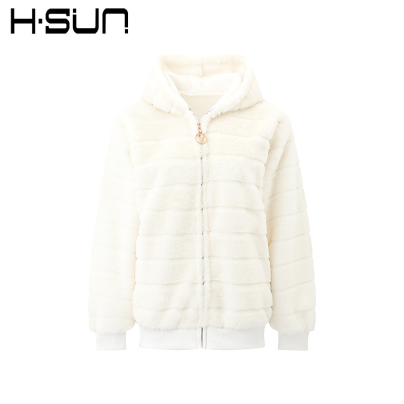 H·SUN Women's Plush Stand Collar Zip-Up Cardigan Sweatshirt Thick Fleece Japanese and Korean Casual Neutral Style 2026 Winter