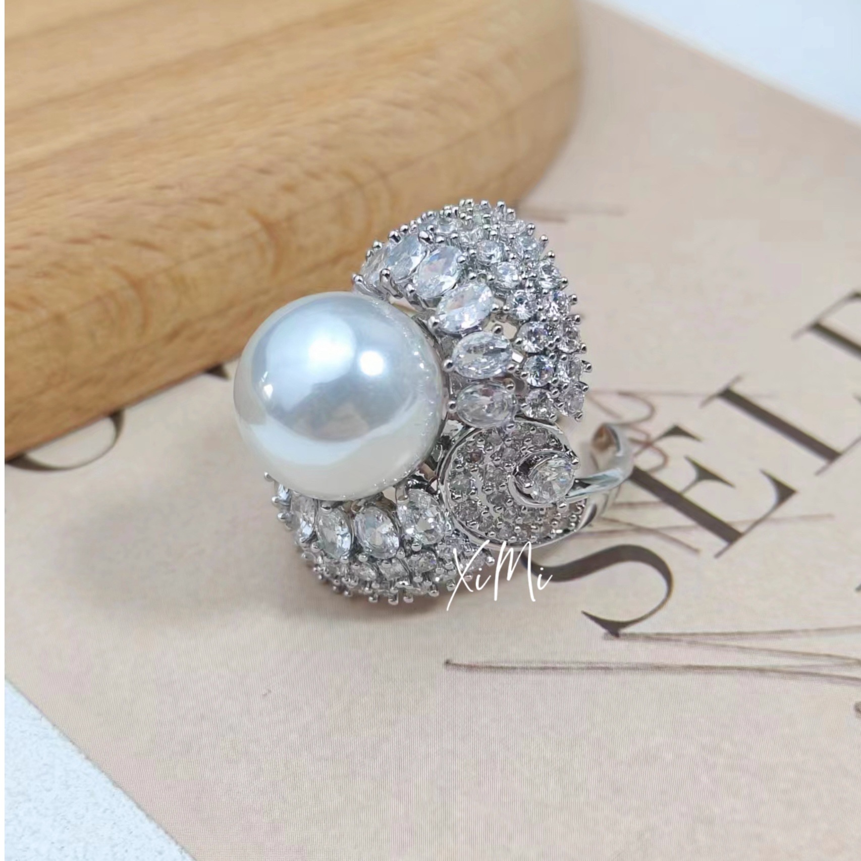 Women's Pearl Wrapped Open Ring Micro-Set Delicate Adjustable Ring