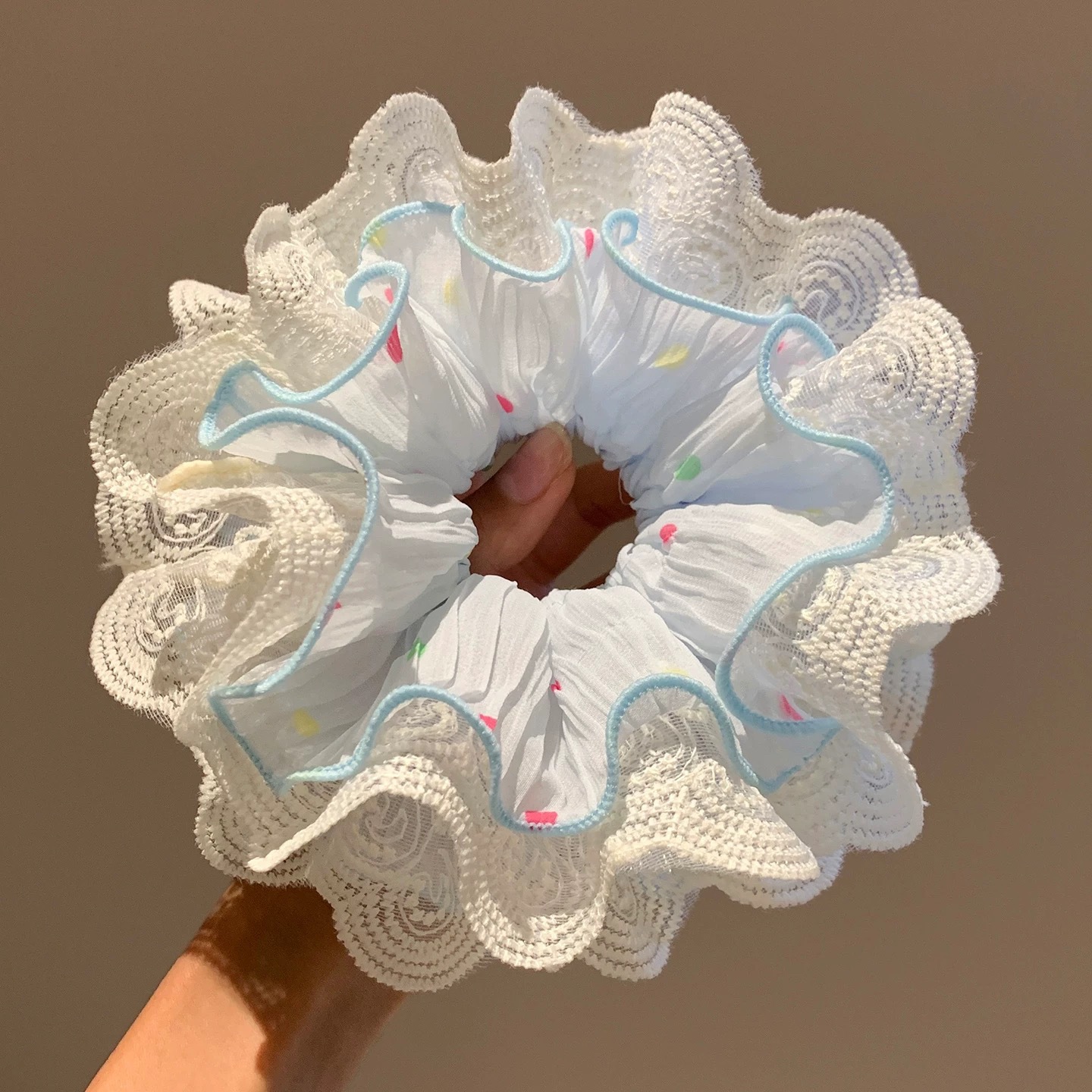 86#晴空蓝波点纱蕾丝花边褶皱约16cm