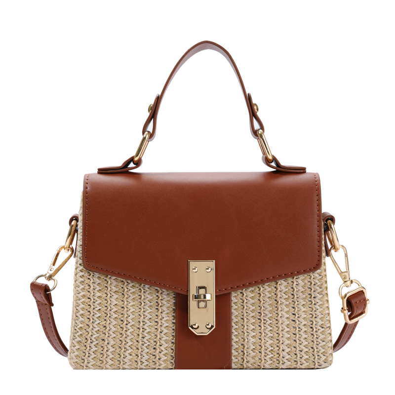 New Patchwork Flip Lid Box Straw Bag Beach Vacation Turn-Lock Woven Hard Shell Handbag Crossbody Bag for Women