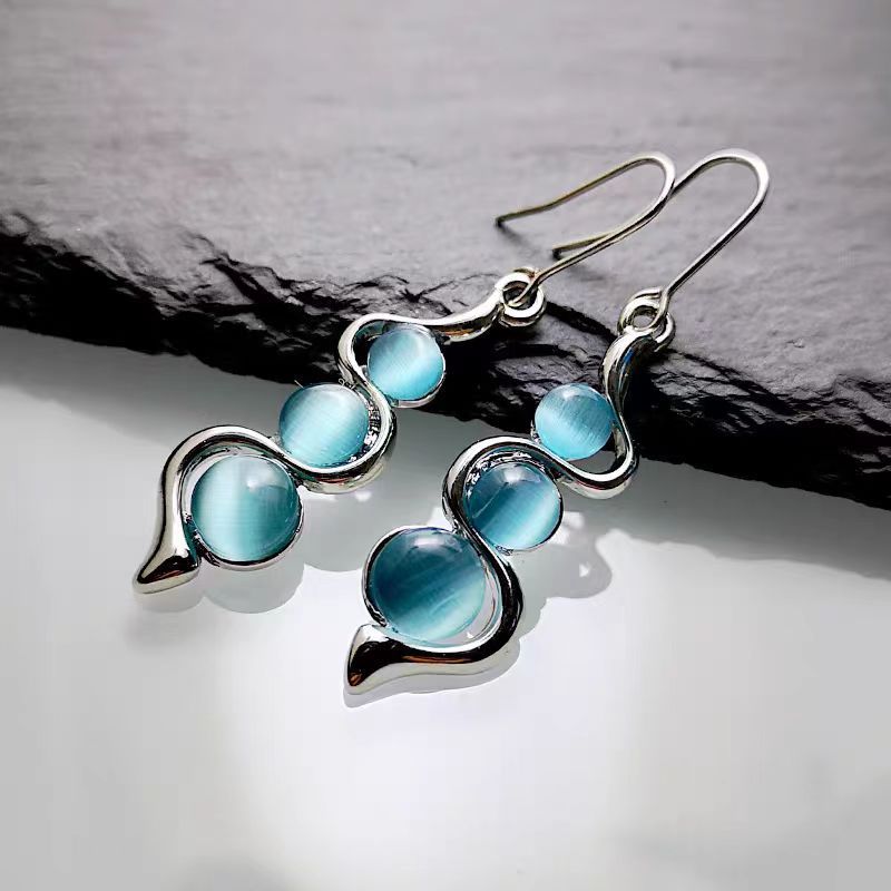 Simple Blue Cat Eye Round Bead Curved Wave Ear Hook Ear Accessories