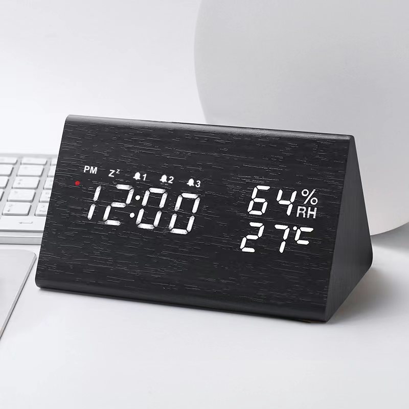 Japanese radio-controlled clock, German radio-controlled, automatic time setting, multi-functional temperature and humidity wooden clock, snooze alarm clock