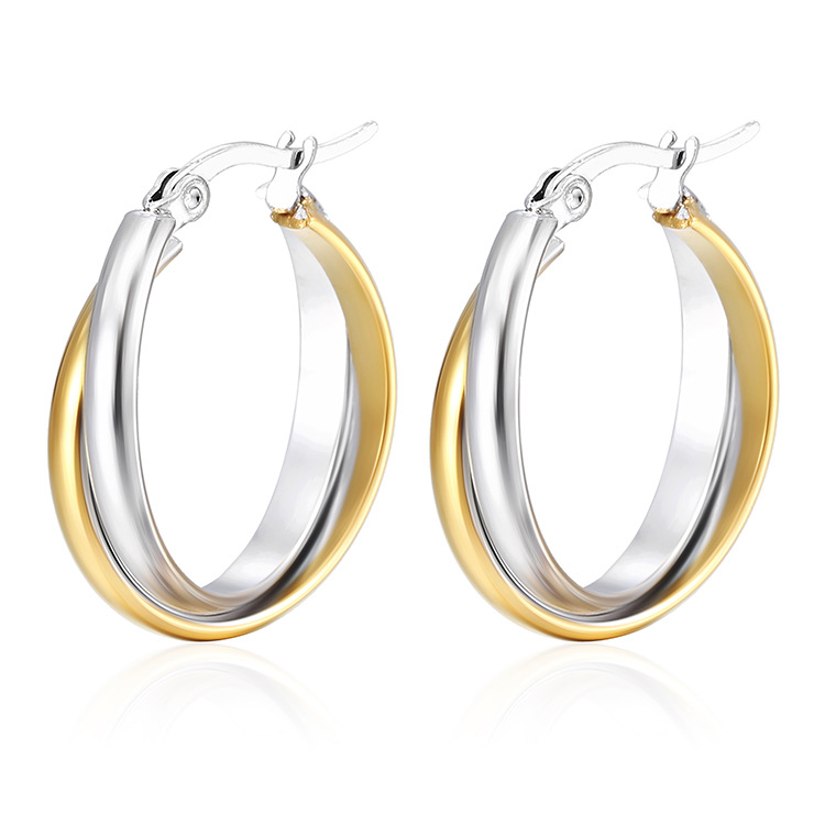 Stainless steel earrings for women, plated 18K two-tone ear clips, multi-layer ear accessories