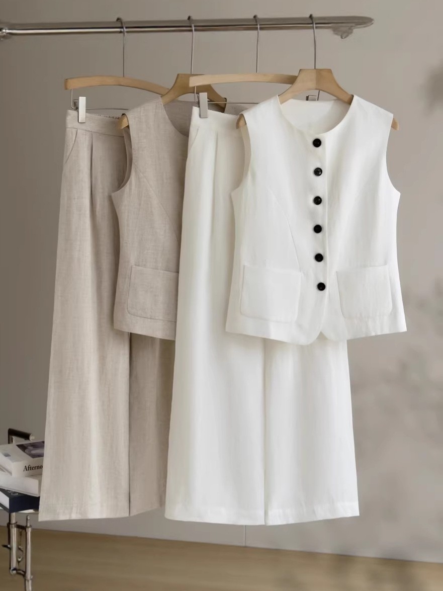 100 linen vest straight-leg pants suit summer breathable casual two-piece set women's workwear