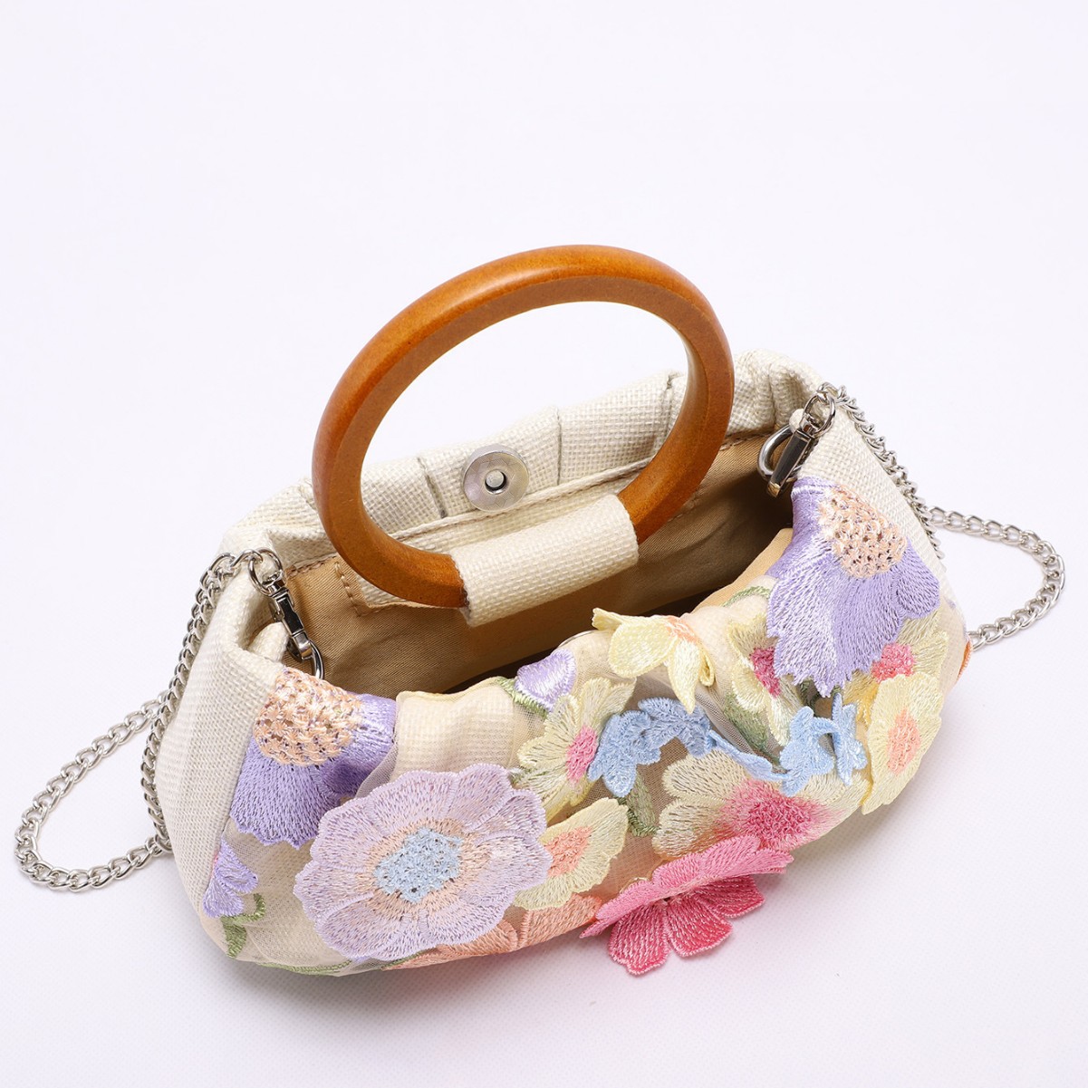 Round Ring Wooden Handle Bag Bamboo Knot Bag Applique Embroidery Vacation Style Women's Handbag Pearl Sequins Evening Bag