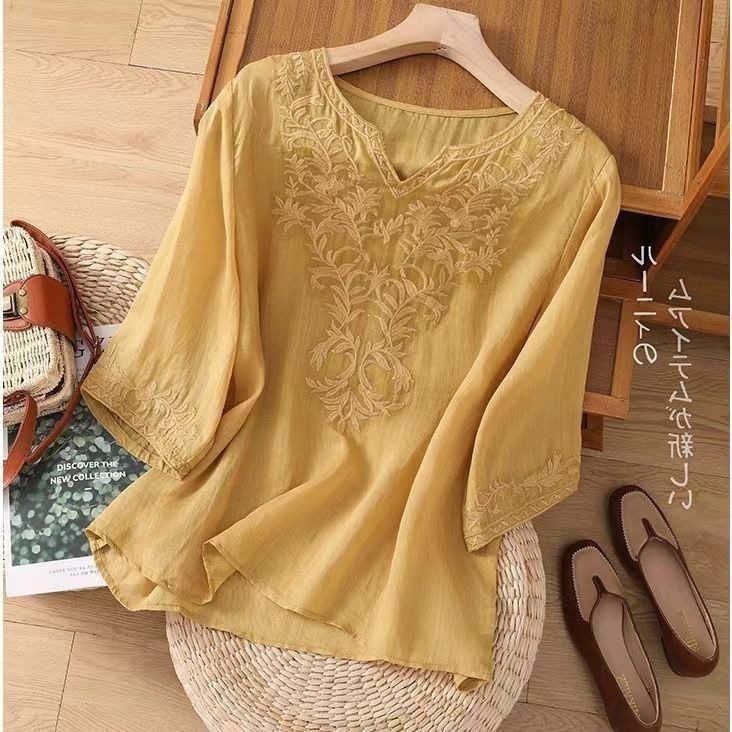 Spring summer new cotton-linen embroidered seven-point sleeve top women's loose round neck embroidered shirt