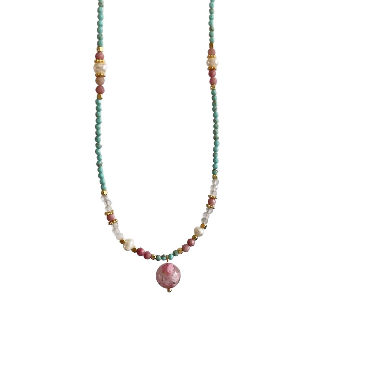 Fresh Natural Turquoise Freshwater Real Pearl Rose Quartz Necklace Contrast Color Collarbone Chain Simple Necklace