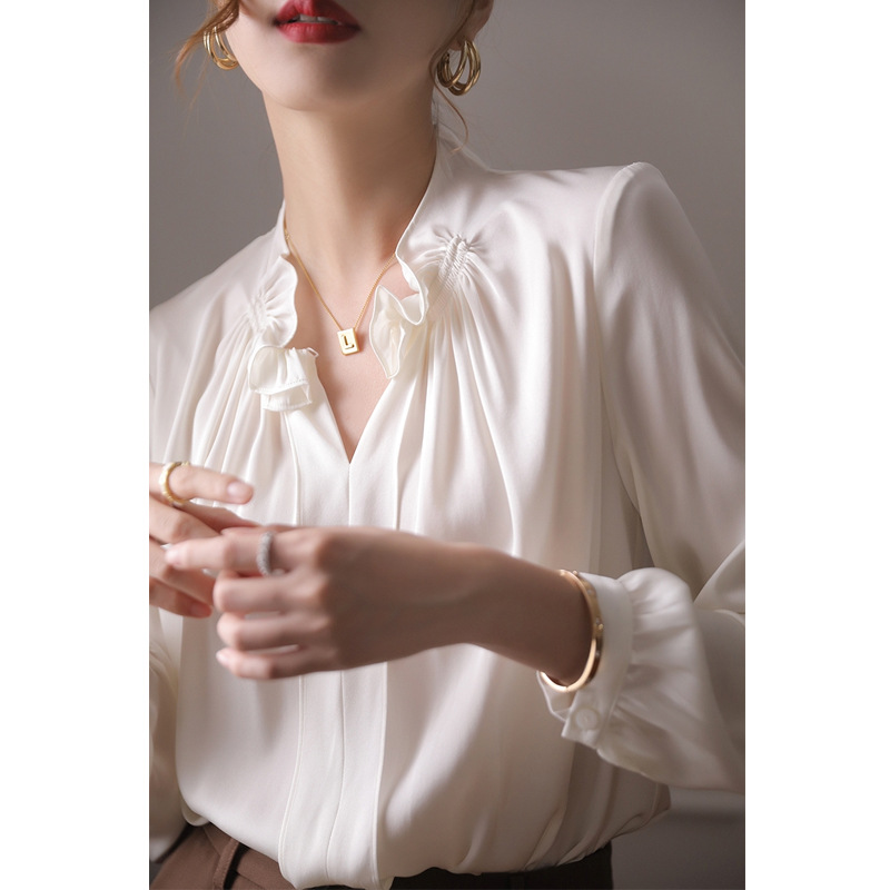 White Silk Top Women's Niche Early Autumn New Long-Sleeve Ruffle Shirt Mulberry Silk Blouse