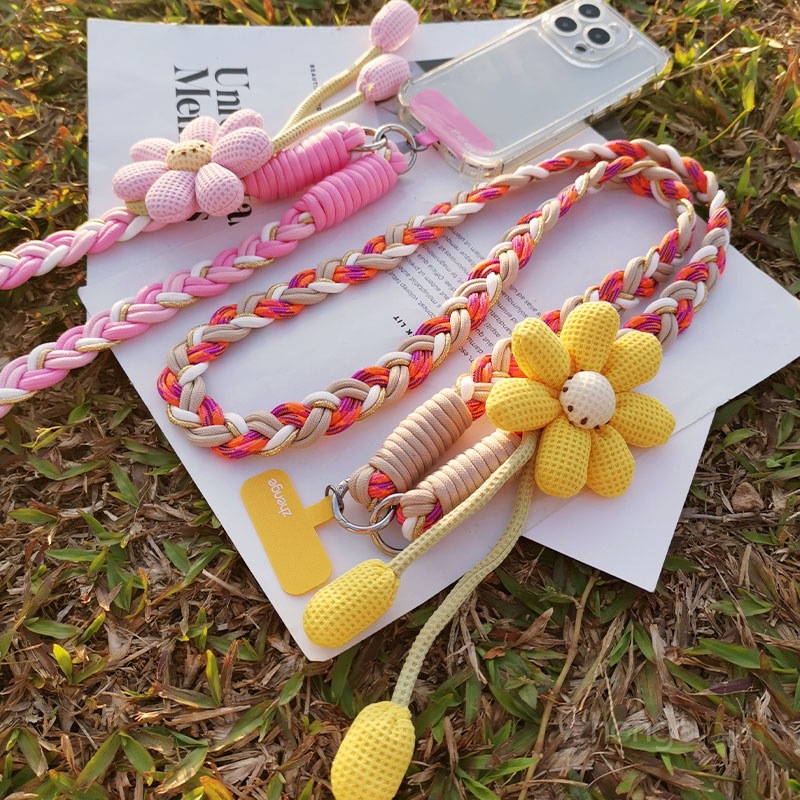 Phone strap crossbody wearable women's long flower handmade braided rope sturdy durable outdoor anti-loss rope