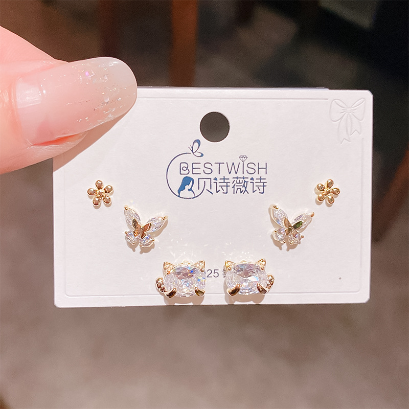 2026 batch #2 copper gold-plated zircon three pairs of small earrings set, silver needle earring accessories