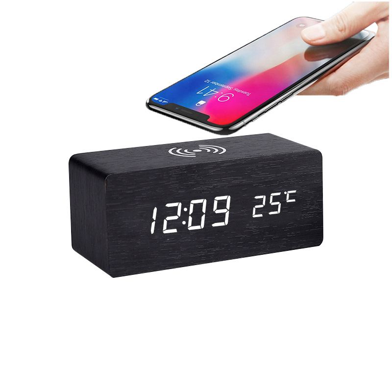 Smart Wireless Charging Clock Electronic Wooden LED Clock Digital Voice Control Clock Thermometer Alarm Clock