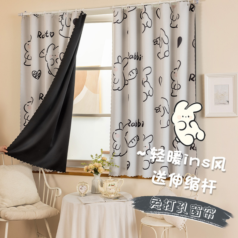 2026 new no-drill telescopic rod full blackout curtain rental room bedroom bathroom waterproof partition blocking curtain