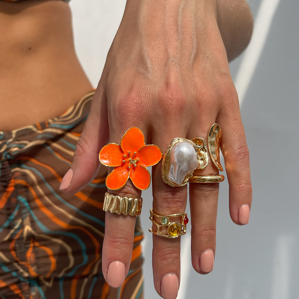 Liquid Lava Flower Open Ring Baroque Imitation Pearl Gemstone Ring